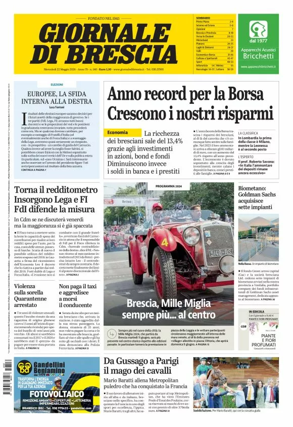 Prima-pagina-giornale di brescia-oggi-edizione-del-2024-05-22